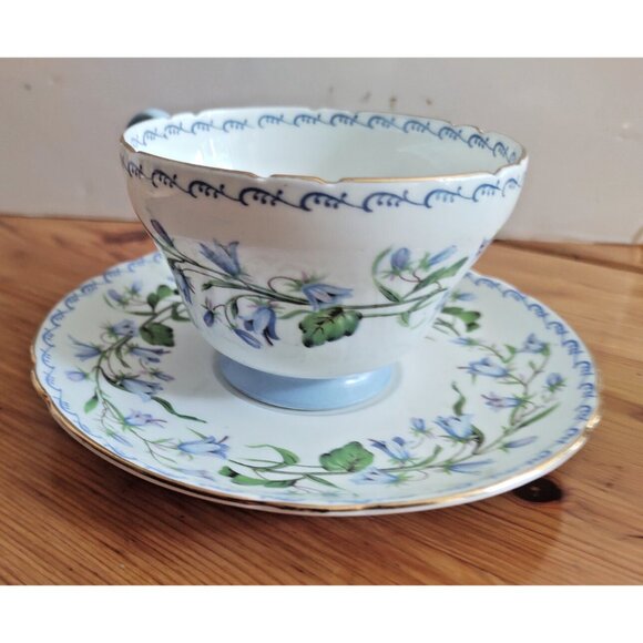 Shelley Harebell Pattern Oleander Blue & Green Henley Shaped Tea Cup and Saucer - Picture 9 of 12